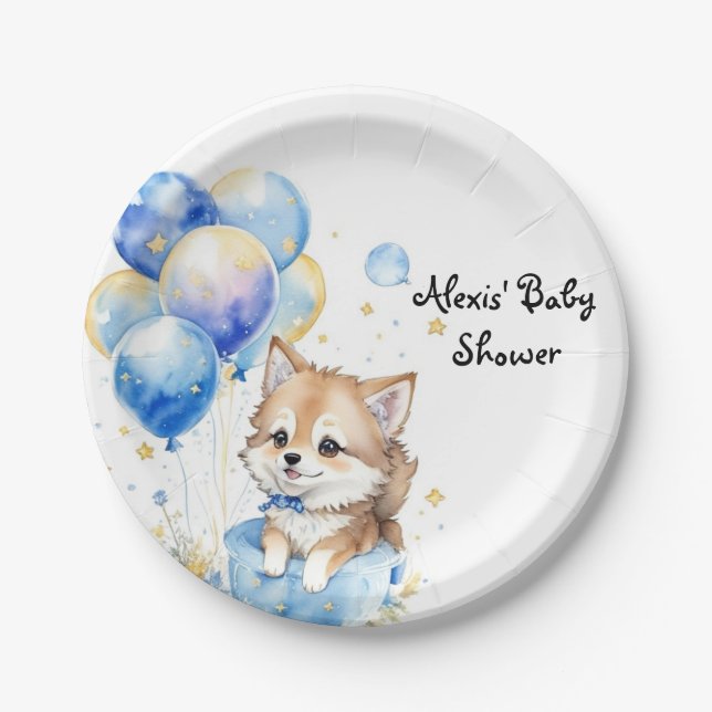 Plato De Papel Cute Wolf Pup Boy Baby Shower (Anverso)