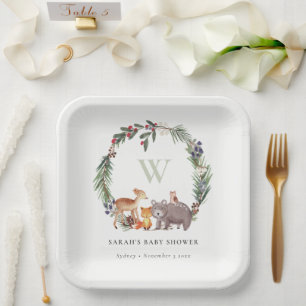 Plato De Papel Cute Woodland Animal Leafy Wreath Baby Shower