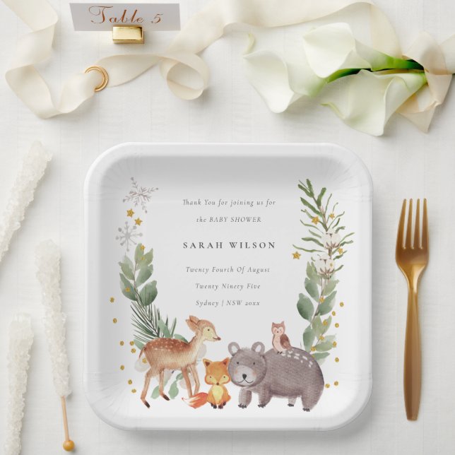 Plato De Papel Cute Woodland Animal Leafy Wreath Baby Shower (Boda)