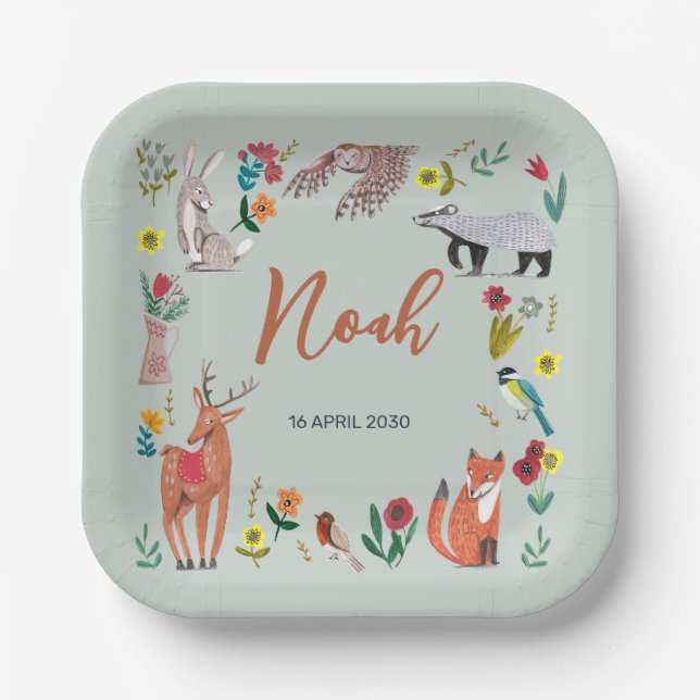 Plato De Papel Cute Woodland Animales Blue Baby Shower Plate de p (Anverso)