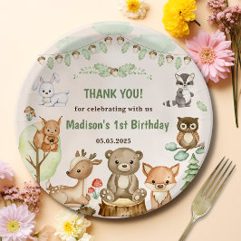 Plato De Papel Cute Woodland Animals 1er cumpleaños Fiesta Papel