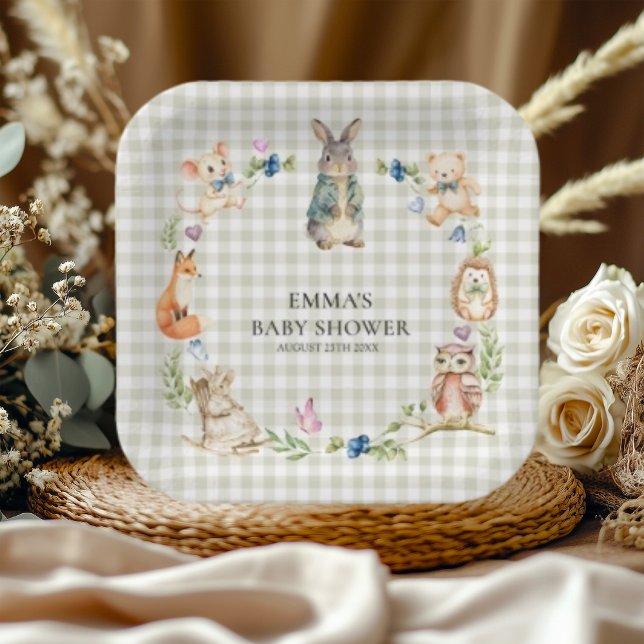 Plato De Papel Cute Woodland Animals Baby Shower Gingham Plates (Subido por el creador)