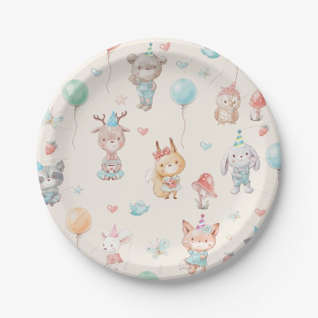 Plato De Papel Cute Woodland Animals Fiesta de cumpleaños (Anverso)