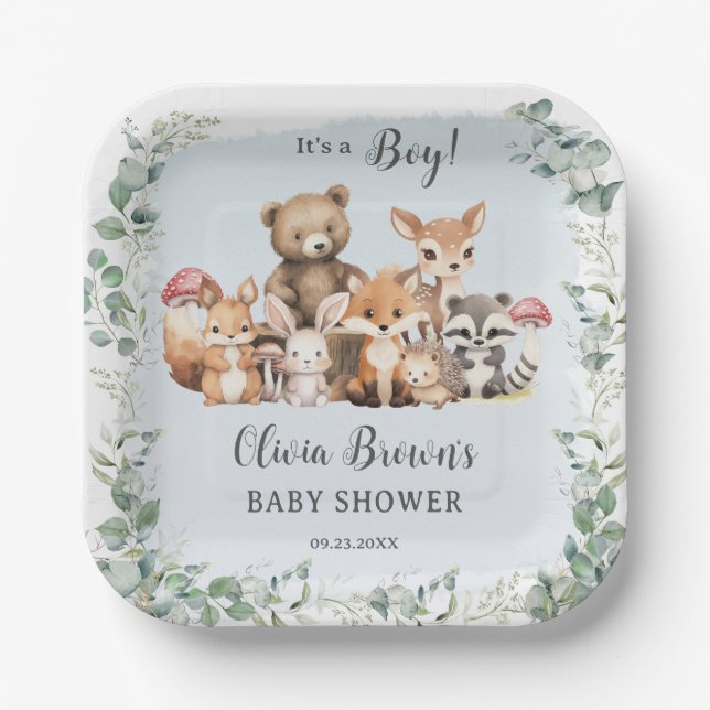 Plato De Papel Cute Woodland Animals Greenery Boy Baby Shower (Anverso)