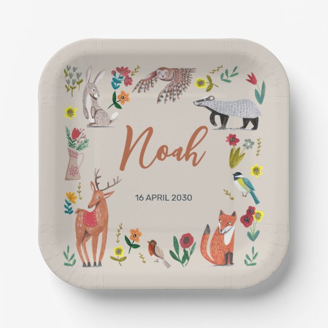 Plato De Papel Cute Woodland Animals Neutral Baby Shower (Anverso)