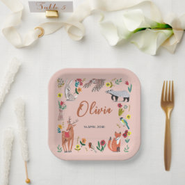 Plato De Papel Cute Woodland Animals Pink Baby Shower