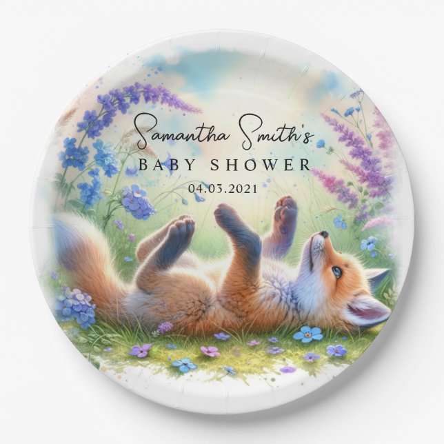 Plato De Papel Cute Woodland Baby Fox Baby Shower (Anverso)