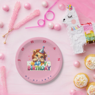 Plato De Papel Cute Woodland Baby Lion Feliz cumpleaños