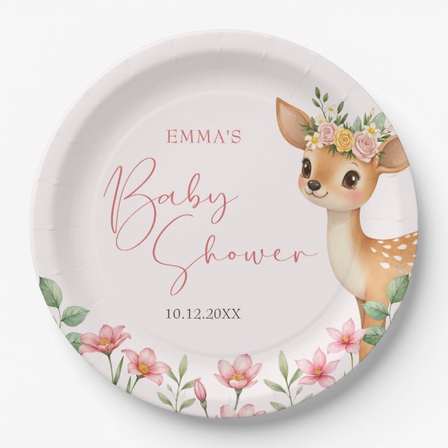 Plato De Papel Cute Woodland Deer Baby Shower (Anverso)
