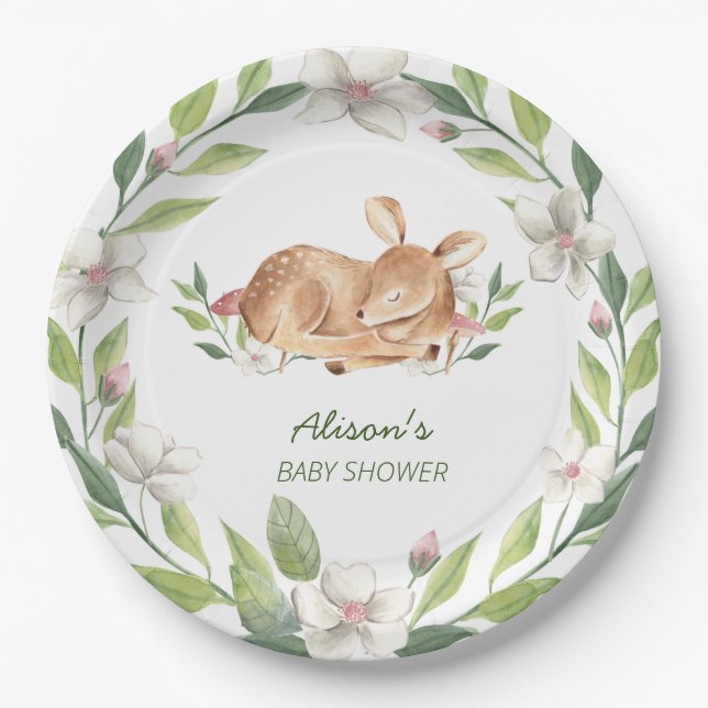 Plato De Papel Cute Woodland Deer Floral Greeneration Baby Shower (Anverso)