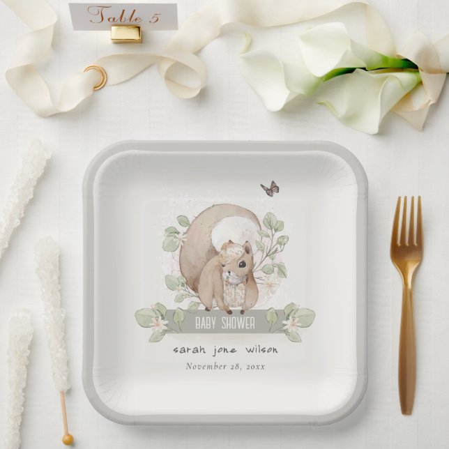 Plato De Papel Cute Woodland Forest Floral Squirrel Baby Shower (Boda)