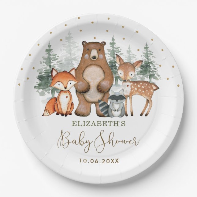 Plato De Papel Cute Woodland Forest Greenery Gold Baby Shower (Anverso)