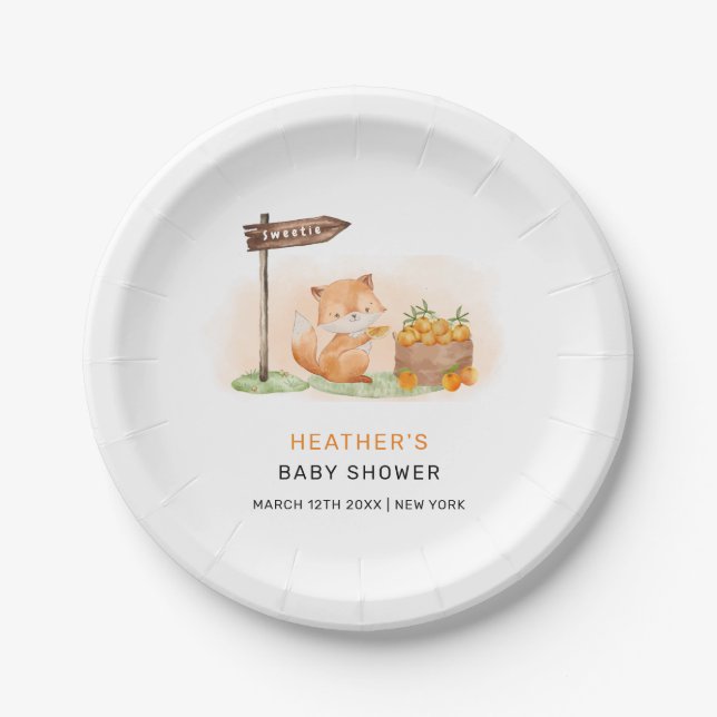 Plato De Papel Cute Woodland Fox Citrus Naranja Farm Baby Shower (Anverso)