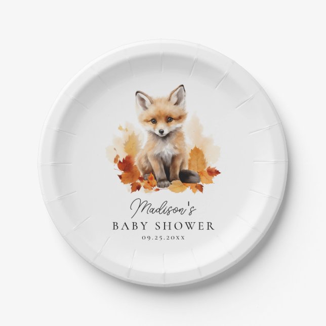 Plato De Papel Cute Woodland Fox Fall Baby Shower (Anverso)