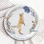 Plato De Papel Cute Woodland Fox Watercolor Floral Baby Shower<br><div class="desc">Cute Woodland Fox Watercolor Floral Baby Shower Paper Fiestas Plates presenta un zorro de color agua lindo rodeado de plumas boho y flores en azul, gris y marrón sobre un fondo blanco con tu nombre personalizado y fecha a continuación. Edite el texto en los cuadros de texto proporcionados para personalizar....</div>