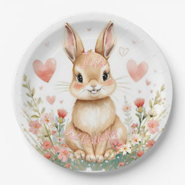 Plato De Papel Cute Woodland Rabbit Pink Hearts Pastel Flowers