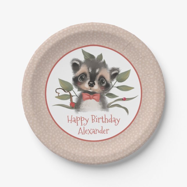 Plato De Papel Cute Woodland Raccoon Boy fiesta de cumpleaños (Anverso)