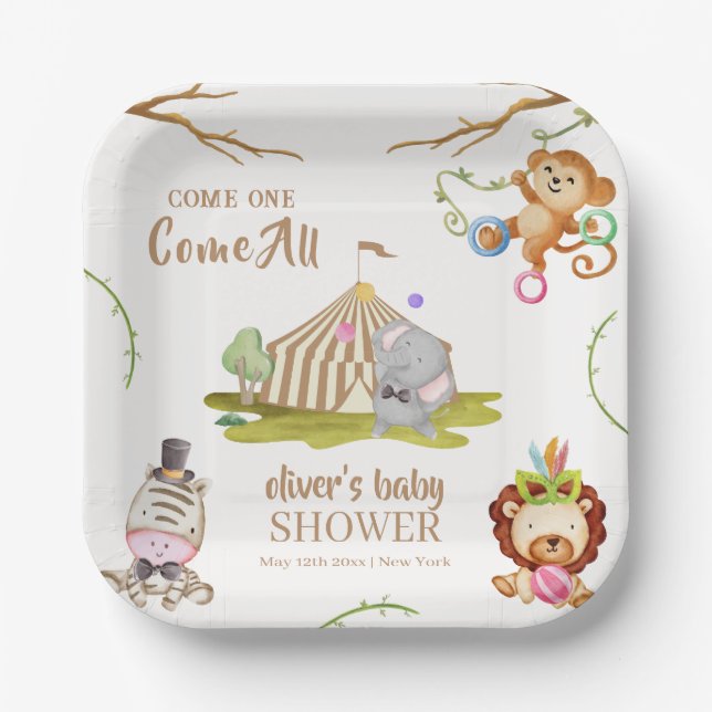 Plato De Papel Cute Woodland Safari Animal Circus Baby Shower (Anverso)
