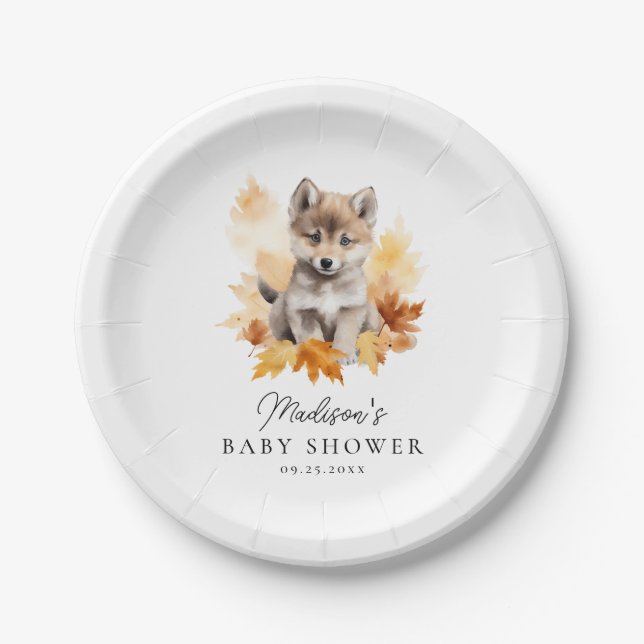 Plato De Papel Cute Woodland Wolf Pup Fall Baby Shower (Anverso)