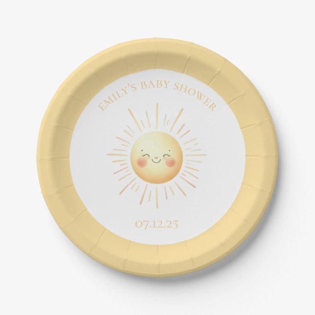 Plato De Papel Cute Yellow Boho Sonriente Sunshine Baby Shower (Anverso)