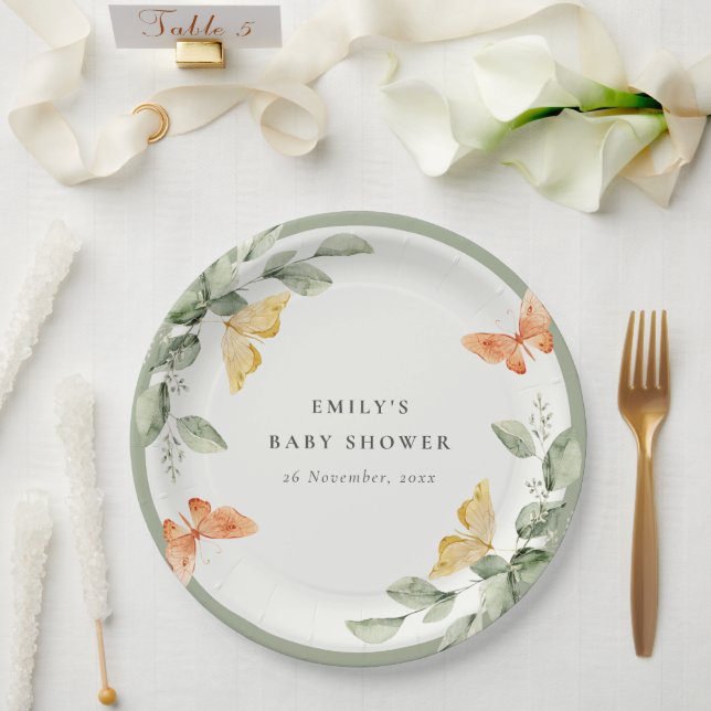 Plato De Papel Cute Yellow Garden Foliage Butterflies Baby Shower (Boda)