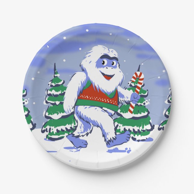 Plato De Papel Cute yeti christmas in forest (Anverso)