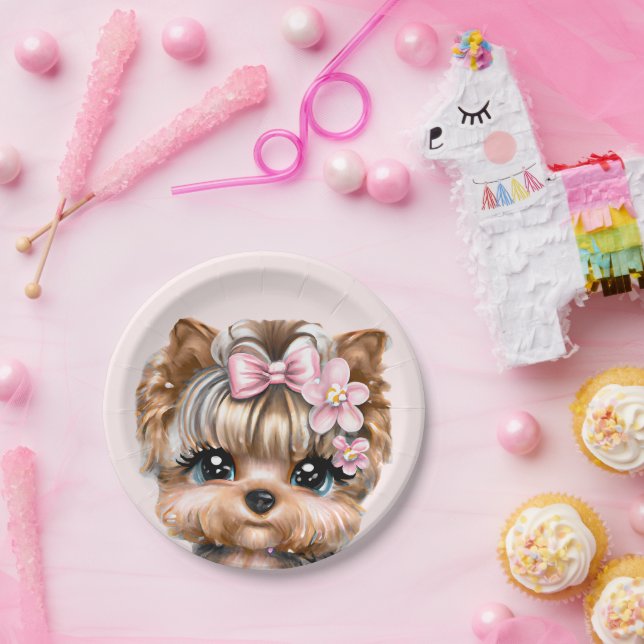 Plato De Papel Cute Yorkie con un compadre rosado (Fiesta)