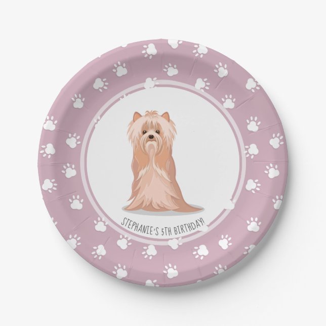 Plato De Papel Cute Yorkshire Terrier Birthday Paper Placas (Anverso)