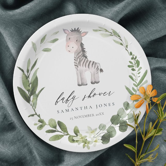 Plato De Papel Cute Zebra Green Foliage Wreath Baby Shower (Subido por el creador)