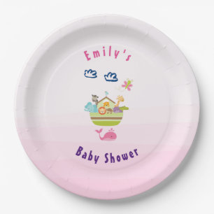 Plato De Papel Cute Zoo Animal Ark Pink Baby Shower