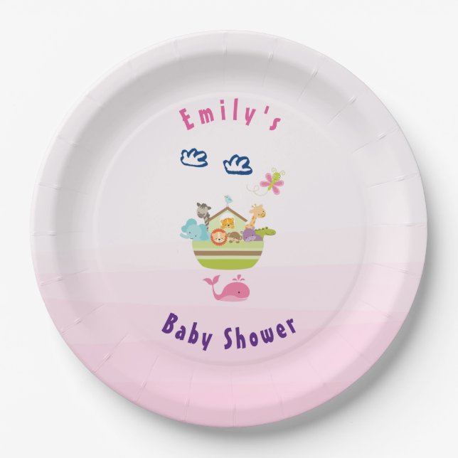 Plato De Papel Cute Zoo Animal Ark Pink Baby Shower (Anverso)