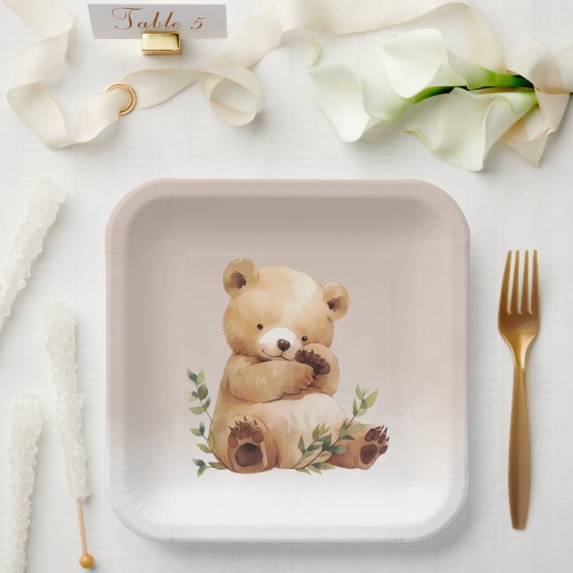 Plato De Papel Cutie Baby Bear Watercolor Baby Shower (Boda)