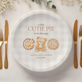 Plato De Papel Cutie Pie Gingham Teddy Bear Fall Baby Shower