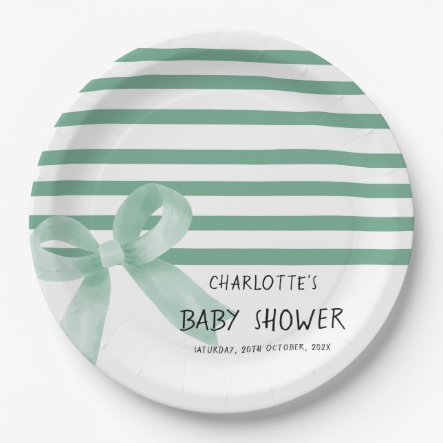 Plato De Papel Cuto acuarela Mint Bow Baby Shower (Anverso)