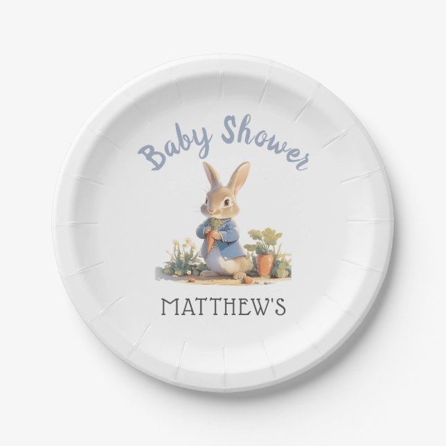 Plato De Papel Cuto azul Peter The Rabbit Boy Baby Shower (Anverso)