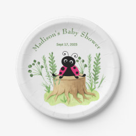 Plato De Papel Cuto color de agua rosada Ladybug Baby Shower