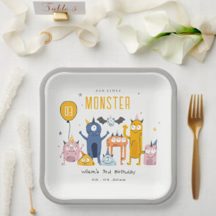 Plato De Papel Cuto colorido Fiesta amarillo monstruos niños cump