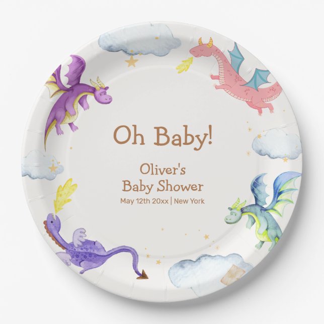 Plato De Papel Cuto Fairytale Magic Dragon Baby Shower (Anverso)