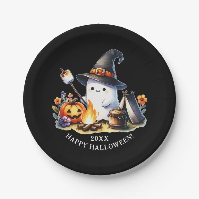 Plato De Papel Cuto fantasma camping Feliz Halloween Negro (Anverso)