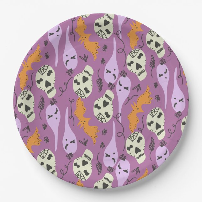 Plato De Papel Cuto fantasma Skull Bat Halloween Doodles Purple (Anverso)