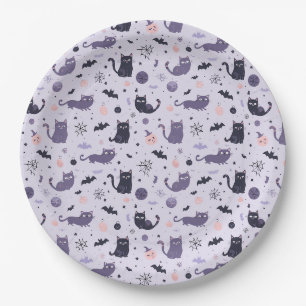 Plato De Papel Cuto gato de Halloween morado