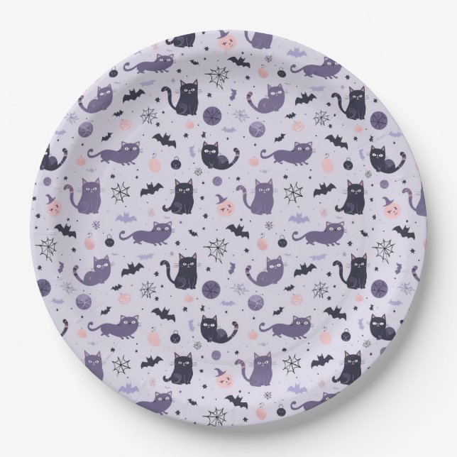 Plato De Papel Cuto gato de Halloween morado (Anverso)