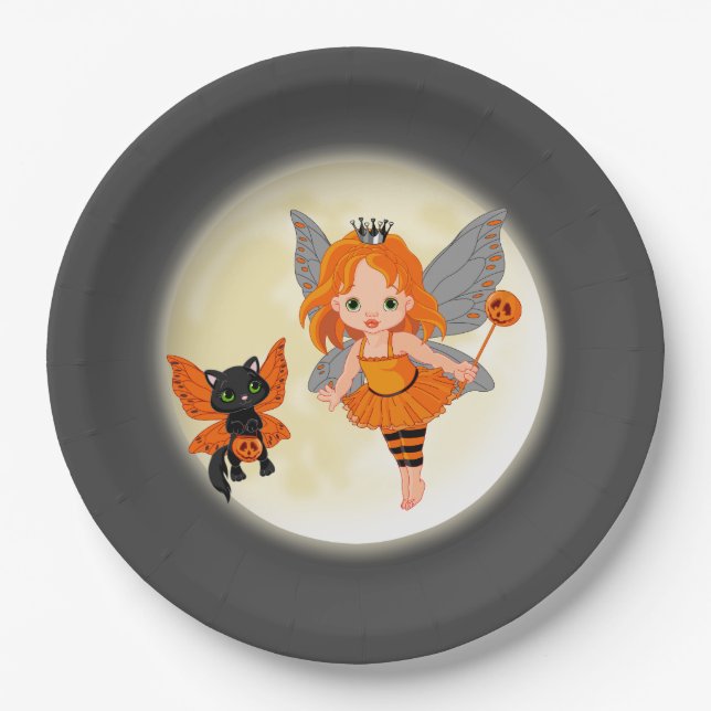Plato De Papel Cuto Halloween gato negro hada fiesta de papel (Anverso)