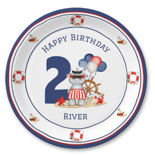 Plato De Papel Cuto Hippo Nautical Birthday Boy Personalizado Azu