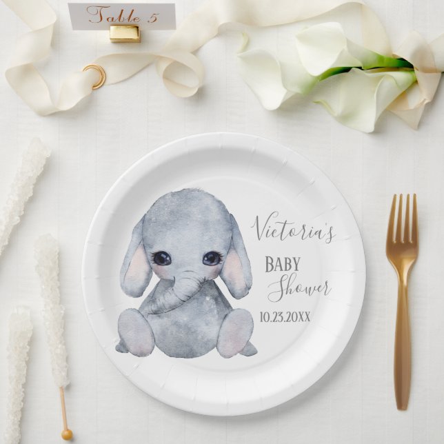 Plato De Papel Cuto nombre elefante personalizado fecha acuarela (Boda)