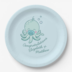 Plato De Papel Cuto pulpo Baby Shower Kawaii Blue Boy