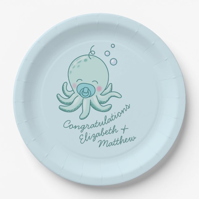 Plato De Papel Cuto pulpo Baby Shower Kawaii Blue Boy (Anverso)