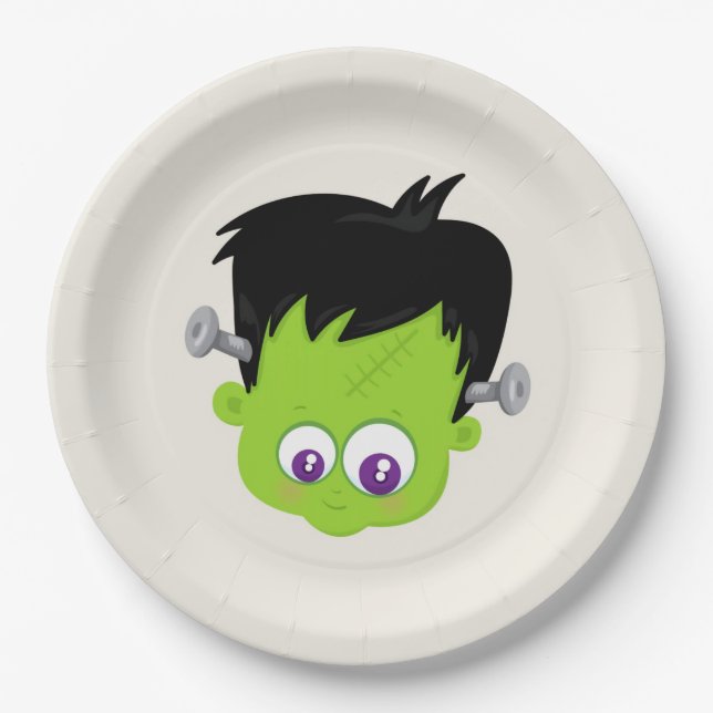 Plato De Papel Cuto verde Frankenstein Monster cara Halloween (Anverso)