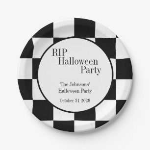 Plato De Papel D.E.P. Fiesta de Halloween de Cuadros Negros y Bla