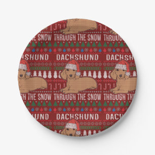 Plato De Papel Dachshund A Través De La Nieve Navidades Fea